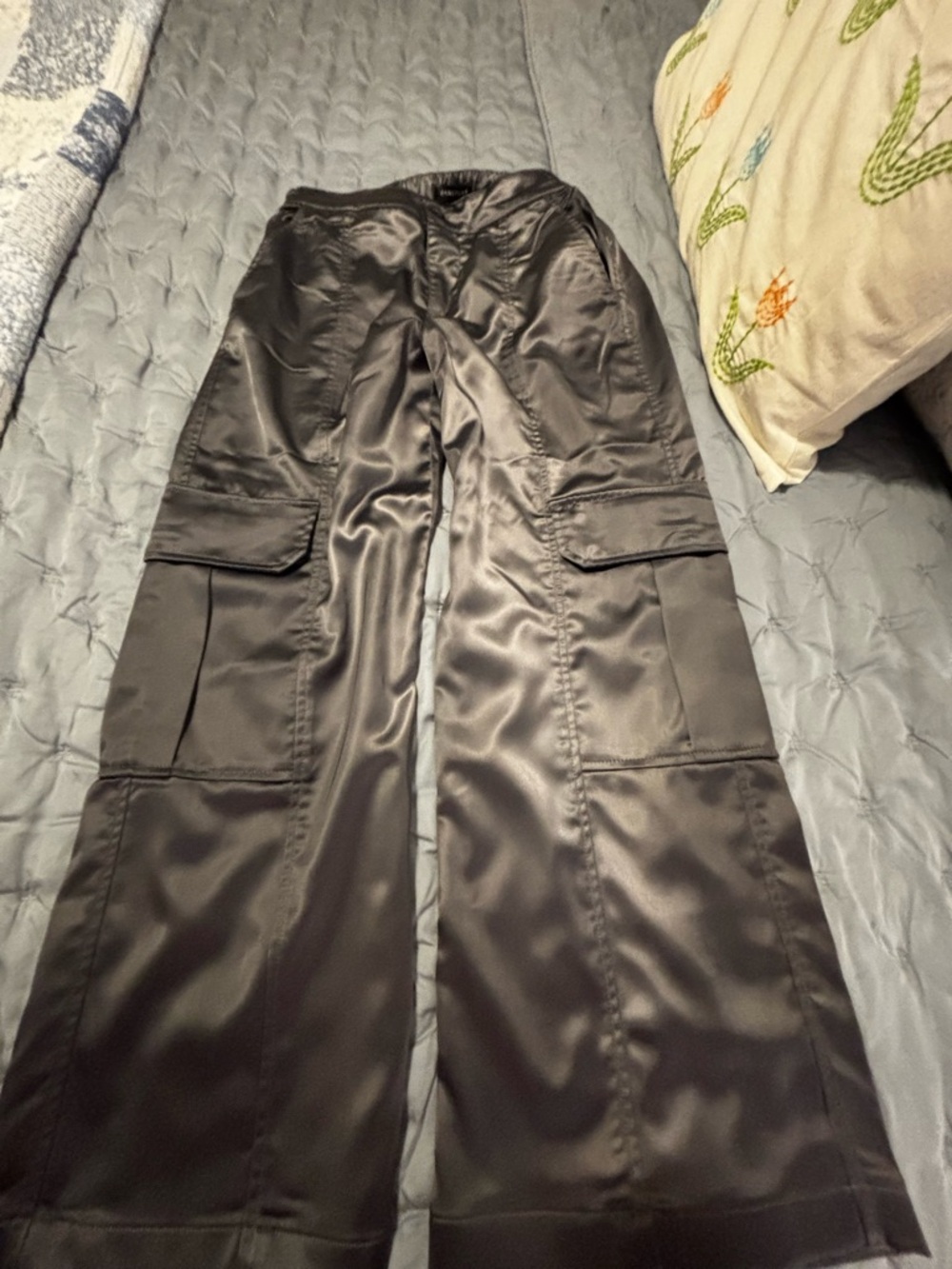 Sanctuary Black Satin Wide-Leg Cargo Trousers